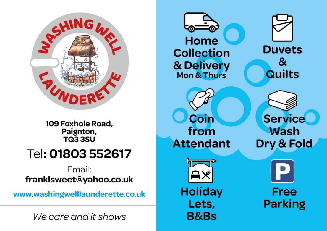 Washing Well Launderette Services flyer listing home collection, service wash, duvet cleaning, and contact number 01803 552617